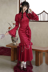 Red Long Sleeves Ruffle Embroidery Bowknot Lace Classic Chinese Style Elegant Lolita Dress - Red - 1