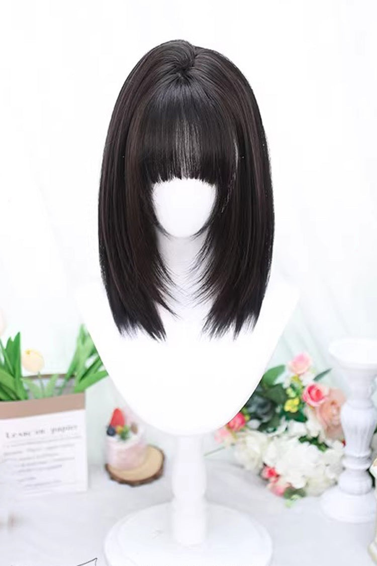 Medium Length Straight Sweet Lolita Wig with Light Airy Bangs 2 Colors - Black-Tea-Brown - 1