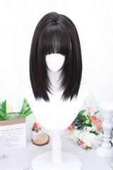 Medium Length Straight Sweet Lolita Wig with Light Airy Bangs 2 Colors - Black-Tea-Brown - 1