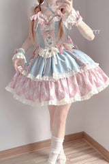 Blue/Pink [Sweetheart Cowboy] Plaid Print Ruffle Bowknot Sweet Lolita Skirt Set - Product - 2