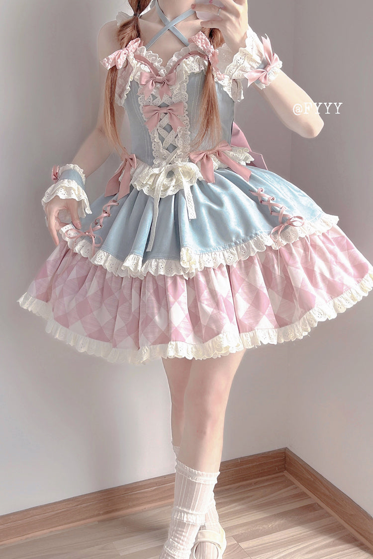 Blue/Pink [Sweetheart Cowboy] Plaid Print Ruffle Bowknot Sweet Lolita Skirt Set - Product - 2