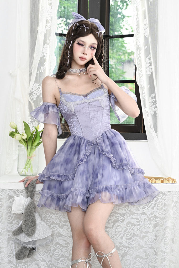 Blue Ruffle Lace Tie-dyed Print Fake Two Pieces Sweet Princess Jsk Dress - Product - 9