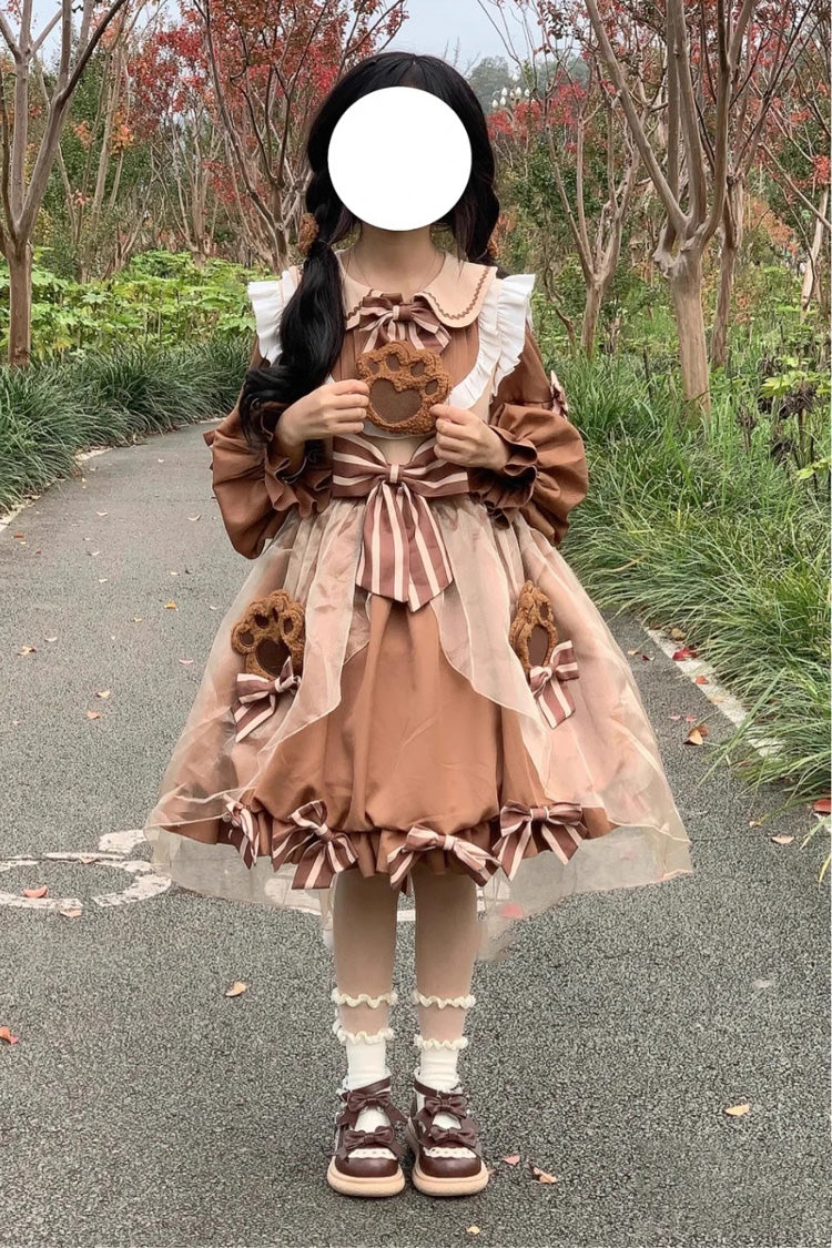 Bear Long Sleeves High Waisted Ruffle Bowknot Sweet Lolita Dress 3 Colors - Product - 5