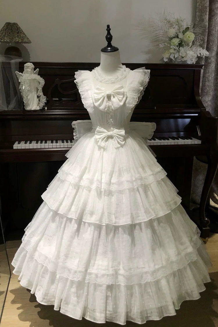 Blue [Aegean] Square Collar Flutter Sleeves Multi-Layered Ruffled Bow Sweet Lolita Jsk Dress Set - White(Set) - 15