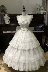Blue [Aegean] Square Collar Flutter Sleeves Multi-Layered Ruffled Bow Sweet Lolita Jsk Dress Set - White(Set) - 15