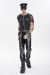 Black Round Collar Long Sleeves Spliced Slim Mesh Studded Eyelet Men's Punk T-Shirt - Product - 8