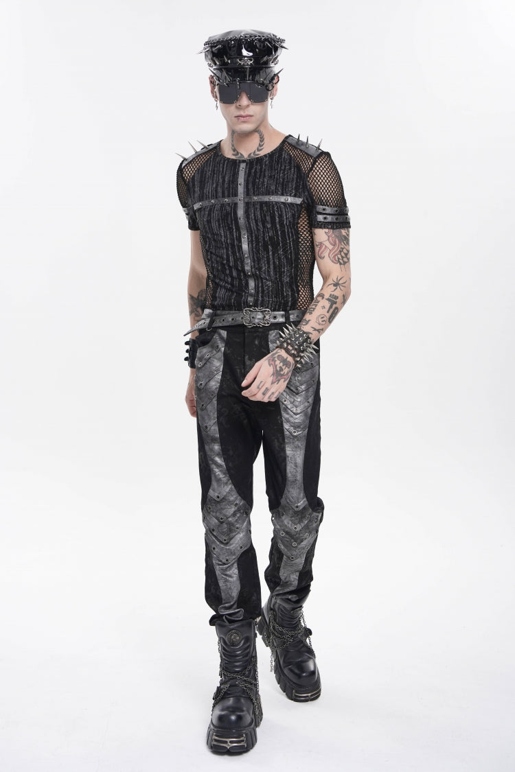 Black Round Collar Long Sleeves Spliced Slim Mesh Studded Eyelet Men's Punk T-Shirt - Product - 8