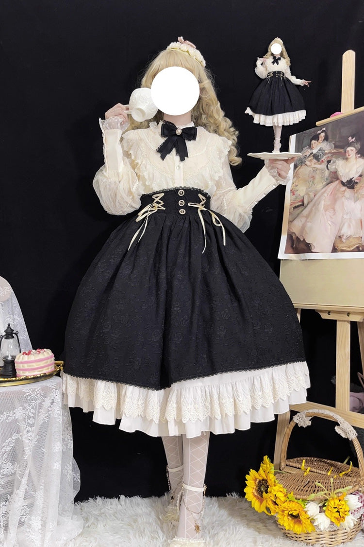 Black [Heart of Rose] High Waisted Ruffle Embroidery Lace-Up Sweet Vintage Elegant Palace Lolita Skirt - Product - 2