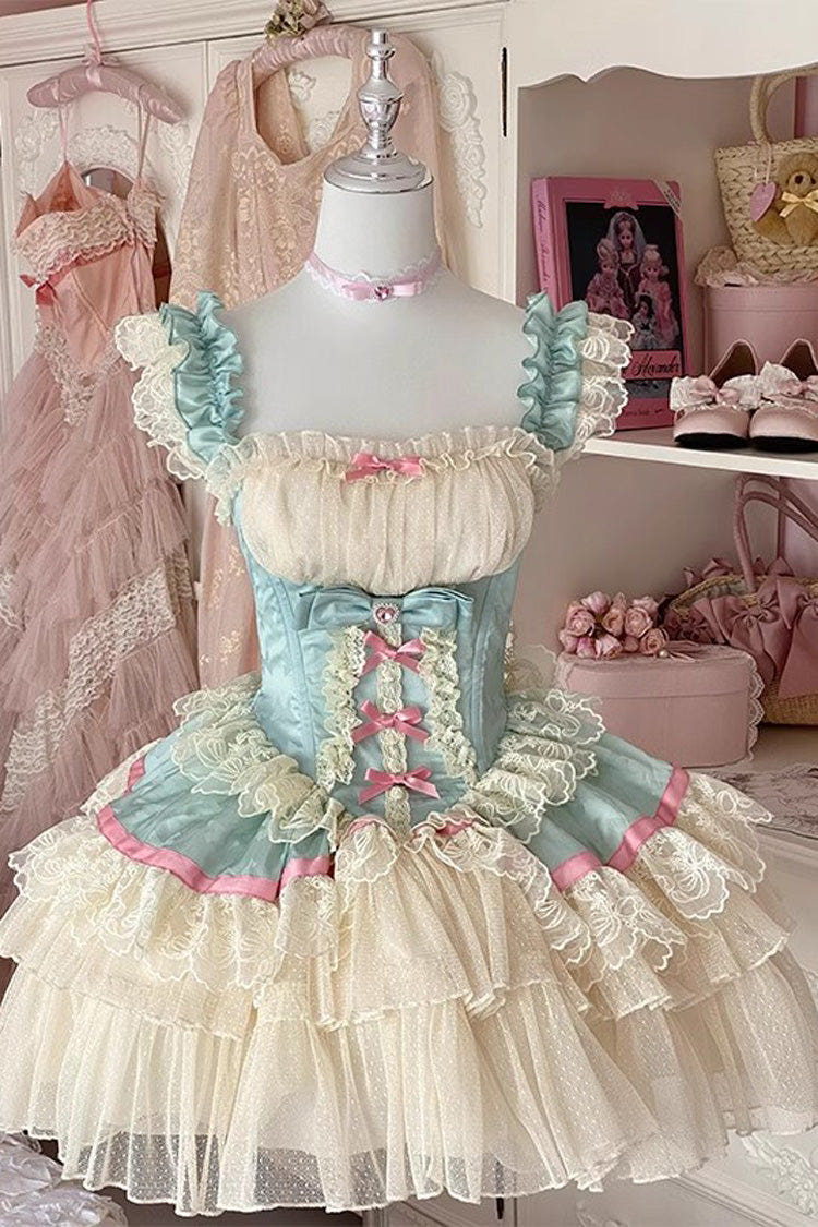 Blue/White [Girly Scent] Triple-Layered Ruffle Bowknot Lace Sweet Ballet Lolita Dress - Blue/White - 1
