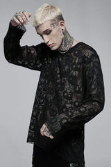 Black Long Sleeves Skull Print Lace Sheer Mesh Men's Steampunk T-Shirt - Product - 2