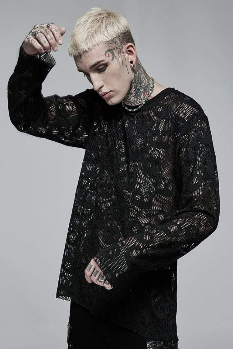 Black Long Sleeves Skull Print Lace Sheer Mesh Men's Steampunk T-Shirt - Product - 2