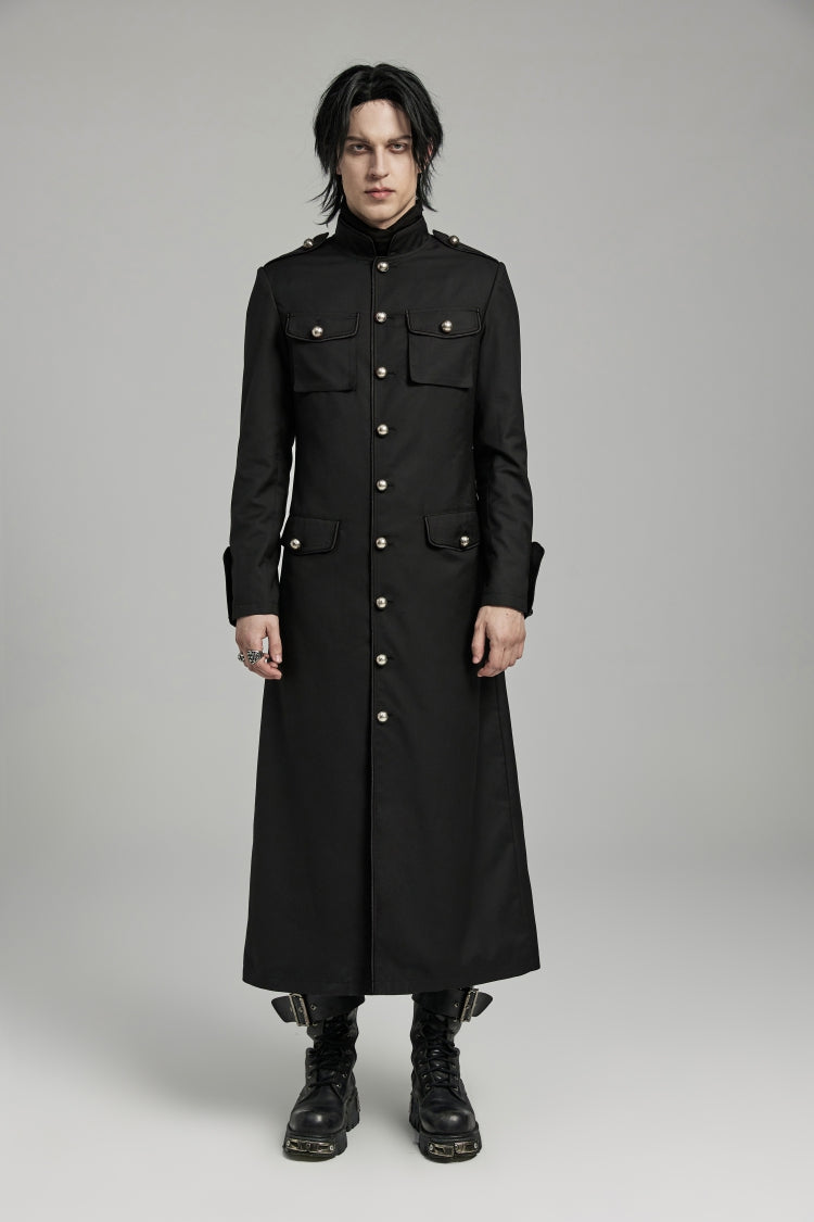 Black Stand Collar Slim Big-Pocket Men's Gothic Coat - Black - 1