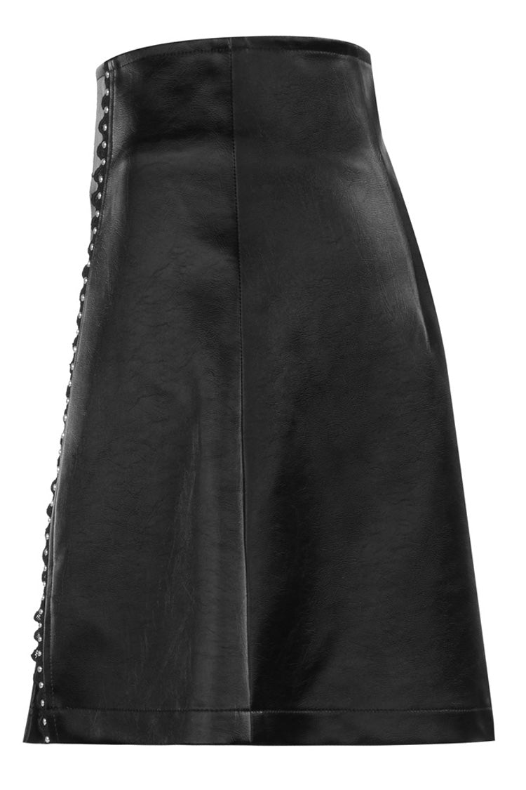 Black Rivet Lace A Version Slit Leather Women's Punk Skirt - Product - 6