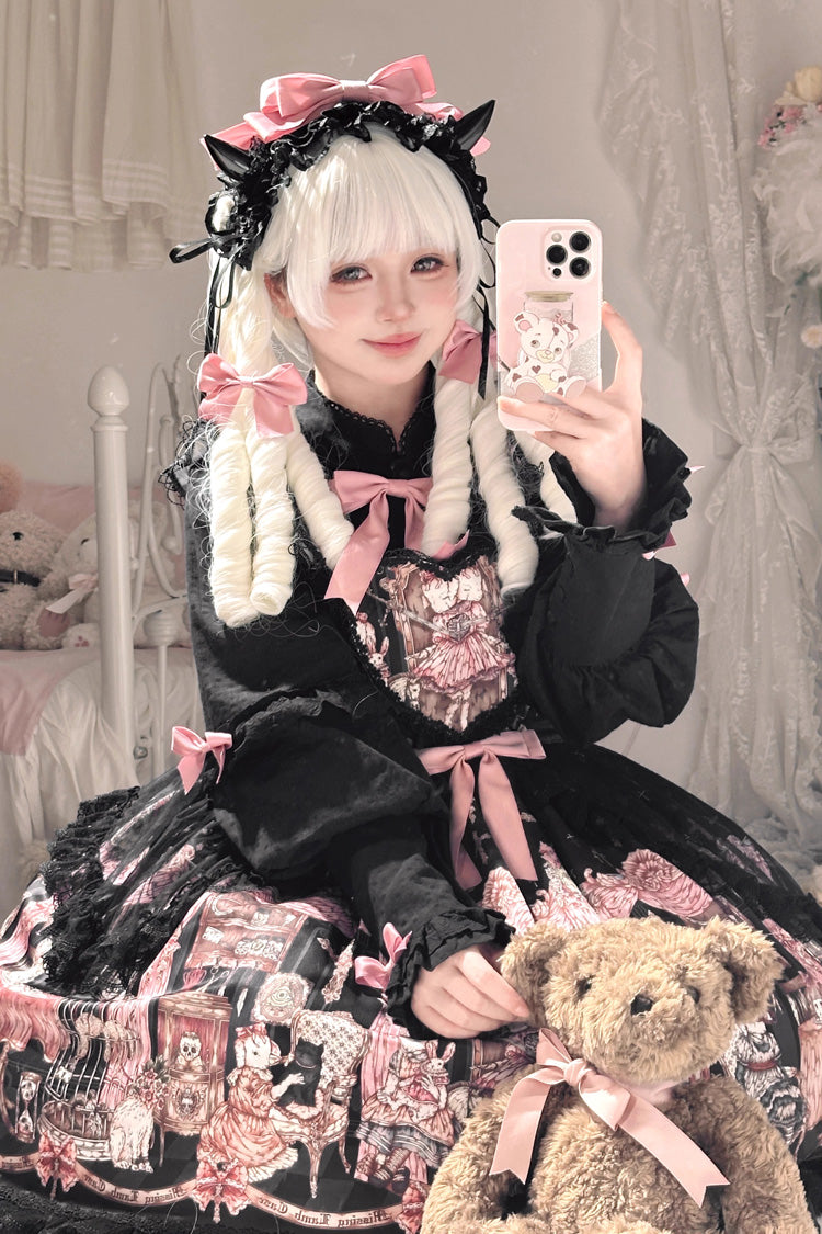 Black [The Case of the Missing Lamb] Print Ruffle Bowknot Lace Gothic Lolita SK Skirt - Product - 3