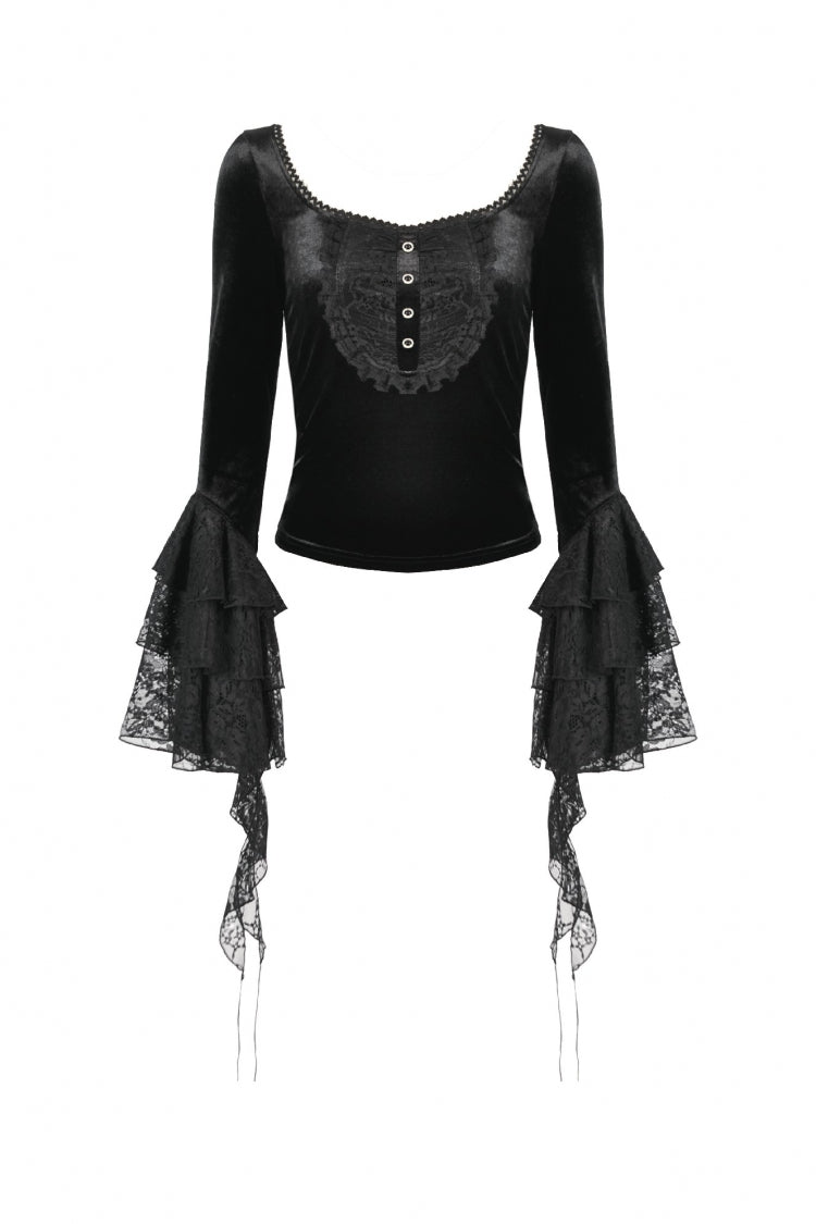 Black Square Collar Multi-Layered Lace Long Flared Sleeves Women's Gothic Palace Velvet Top - Product - 3