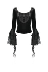 Black Square Collar Multi-Layered Lace Long Flared Sleeves Women's Gothic Palace Velvet Top - Product - 3