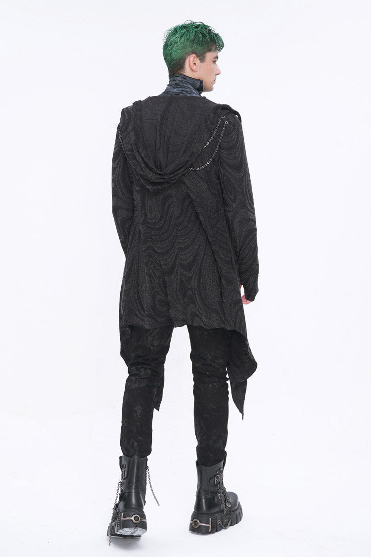 Black Lrregular Back Multi Chain Long Men's Gothic Coat With Hood - Product - 7