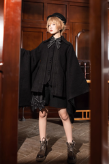 Black Retro Loose Large Sleeve Ouji Lolita Woolen Coat - Product - 7