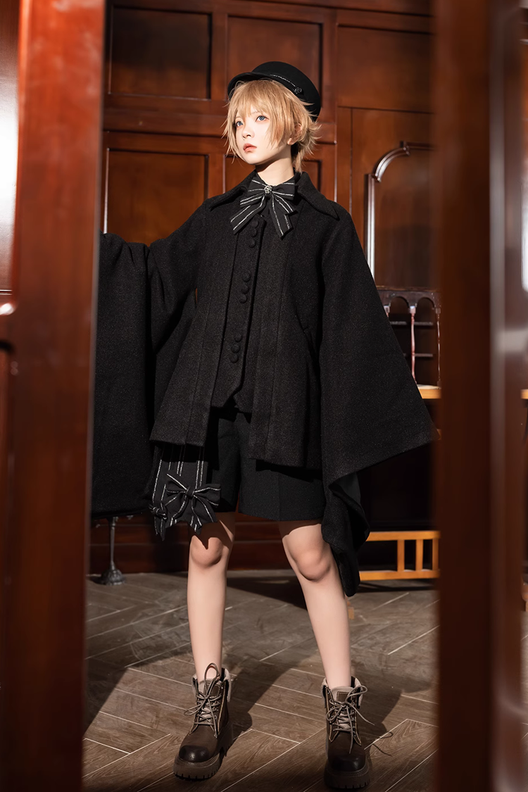 Black Retro Loose Large Sleeve Ouji Lolita Woolen Coat - Product - 7