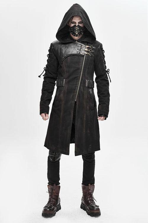 Brown Hooded Denim Tattered Long Mens Punk Coat - Product - 2