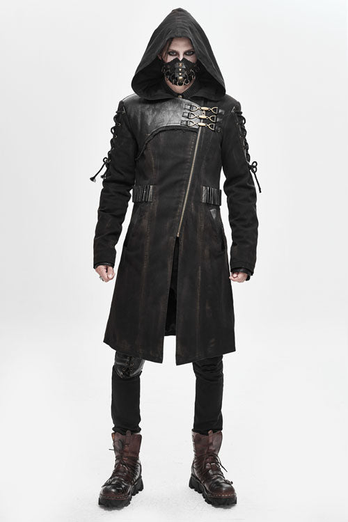 Brown Hooded Denim Tattered Long Mens Punk Coat - Product - 2