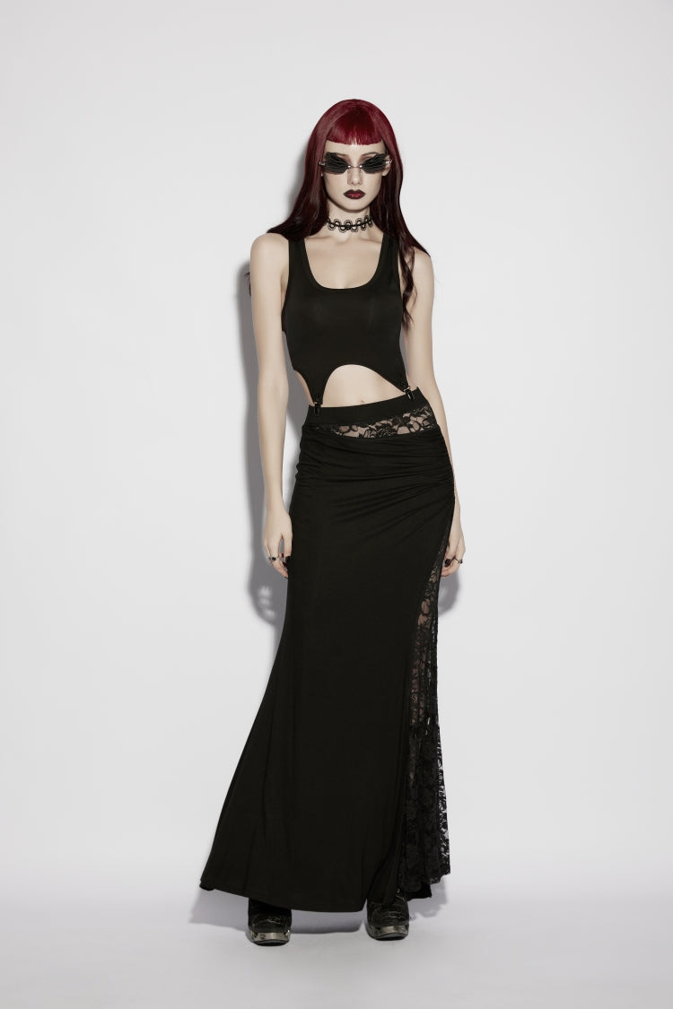 Black Cut-Out Rose Lace Splice Side Slit Asymmetric Women's Gothic Skirt - Product - 6