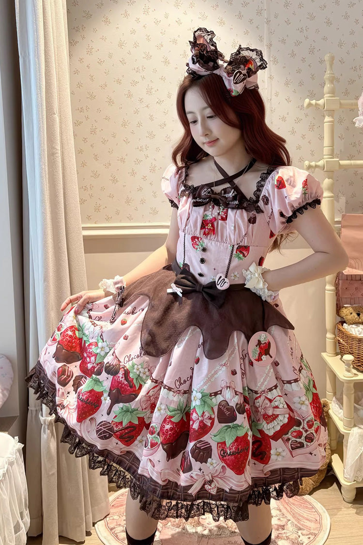 Pink [Strawberry Chocolate Lover] Square Collar Short Sleeves Printed Ruffled Bow Lace Sweet Lolita Dress - Product - 4