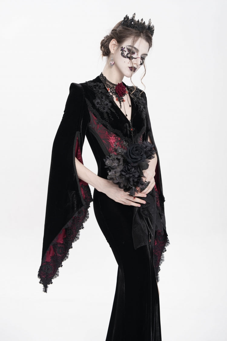 Black/Red V Collar Long Trumpet Sleeves Floral Embroidered Velvet Women's Gothic Dress - Product - 11