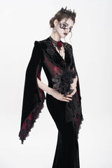 Black/Red V Collar Long Trumpet Sleeves Floral Embroidered Velvet Women's Gothic Dress - Product - 11