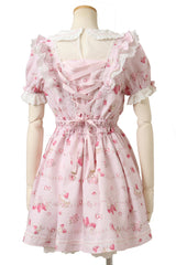 Pink [Creamy Berry] Print Short Puff Sleeves Ruffle Bowknot Lace-Up Sweet Jirai Kei Japanese Dress - Product - 4