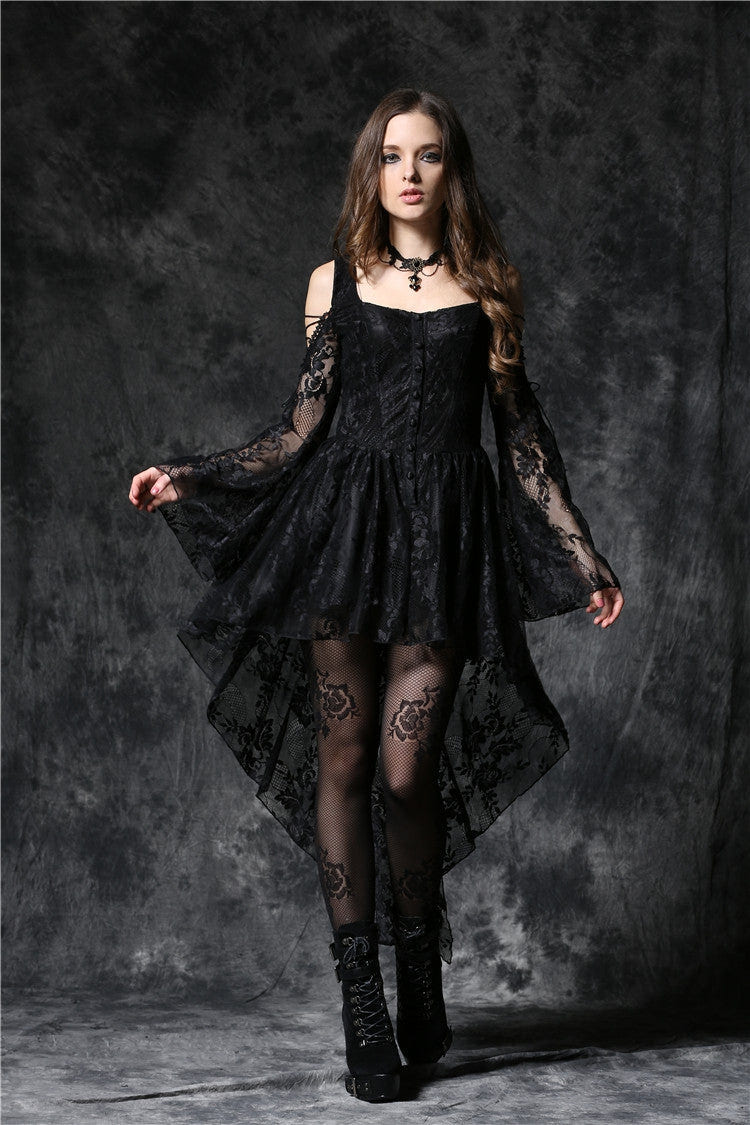 Black Square Collar Long Sleeves Overlay Embroidered Lace Women's Gothic Dress - Product - 9
