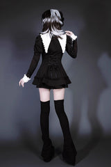 Black/White Long Sleeves Ruffle Bowknot Jirai Kei Japanese Witch Set - Product - 5