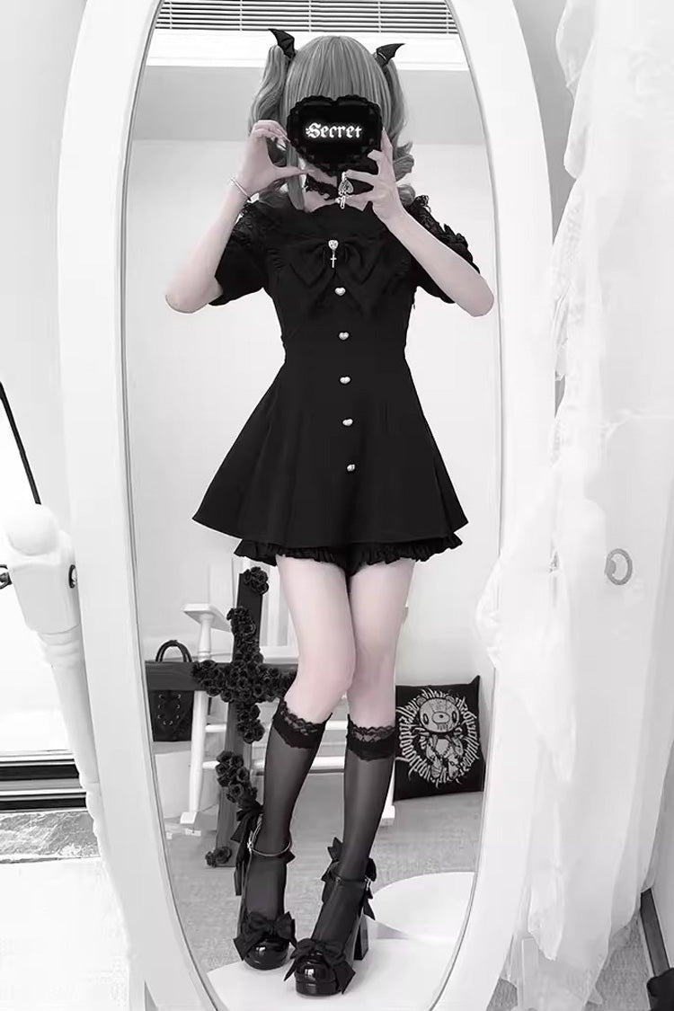 Black [Night Glaze] Long Short Sleeves Ruffled Bow Gothic Plus Size Jirai Kei Dress and Shorts Set - Product - 6