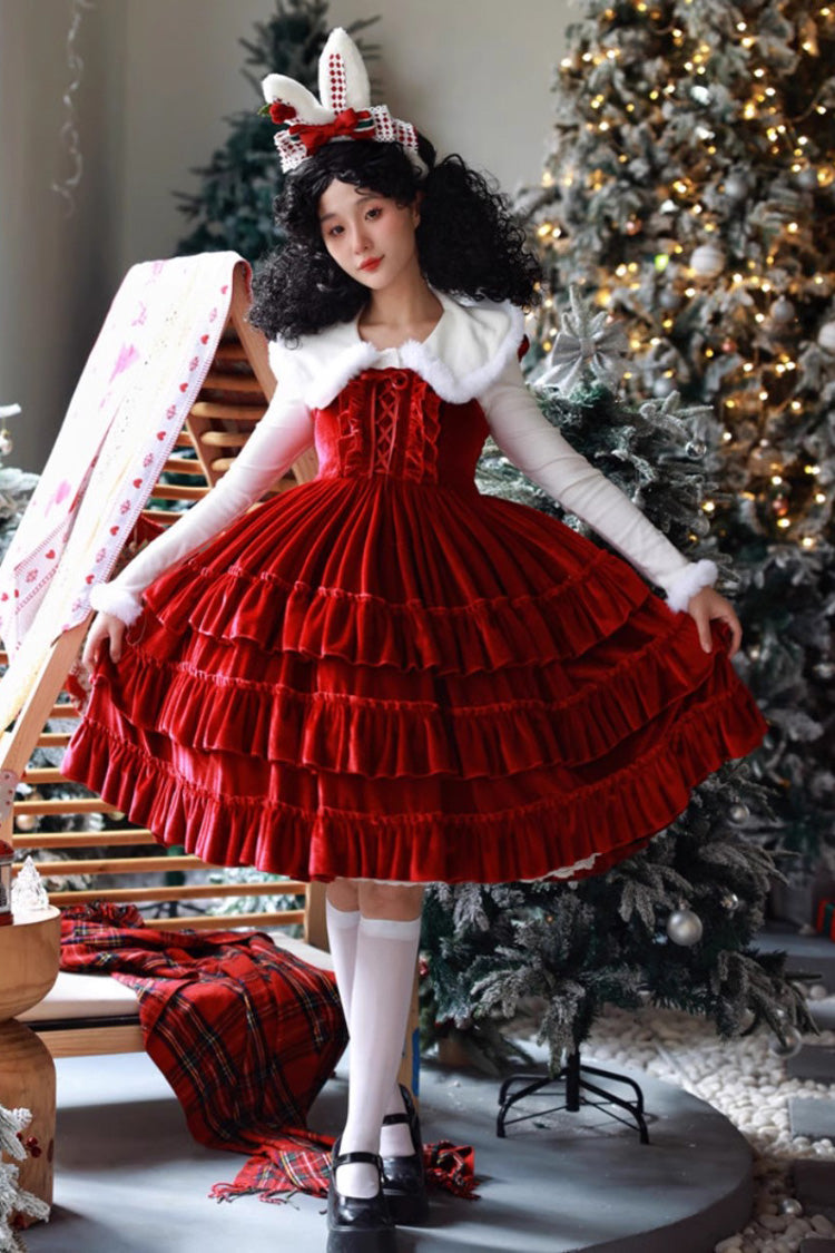 [Sponge Cake] Multi-Layered Ruffle Lace-Up Gothic Lolita Jsk Dress 2 Colors - Red - 1
