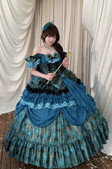 Blue/Green [Peacock Spirit Princess] Sleeveless Multi-Layered Ruffled Bow Lace-Up Classic Elegant Lolita Jsk Dress - Product - 10