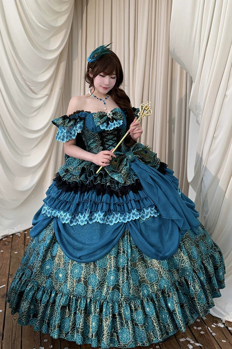 Blue/Green [Peacock Spirit Princess] Sleeveless Multi-Layered Ruffled Bow Lace-Up Classic Elegant Lolita Jsk Dress - Product - 10