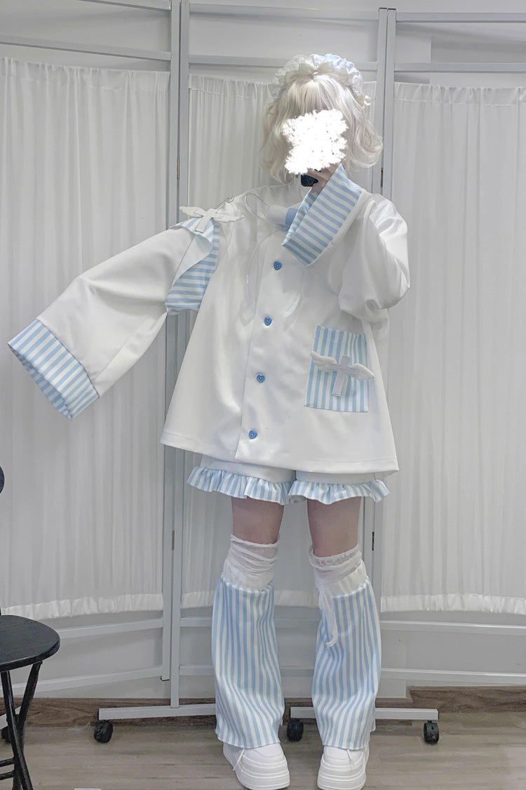 White/Blue Medical Angel Long Sleeves Print Loose Sweet Jirai Kei Japanese Set - Product - 3