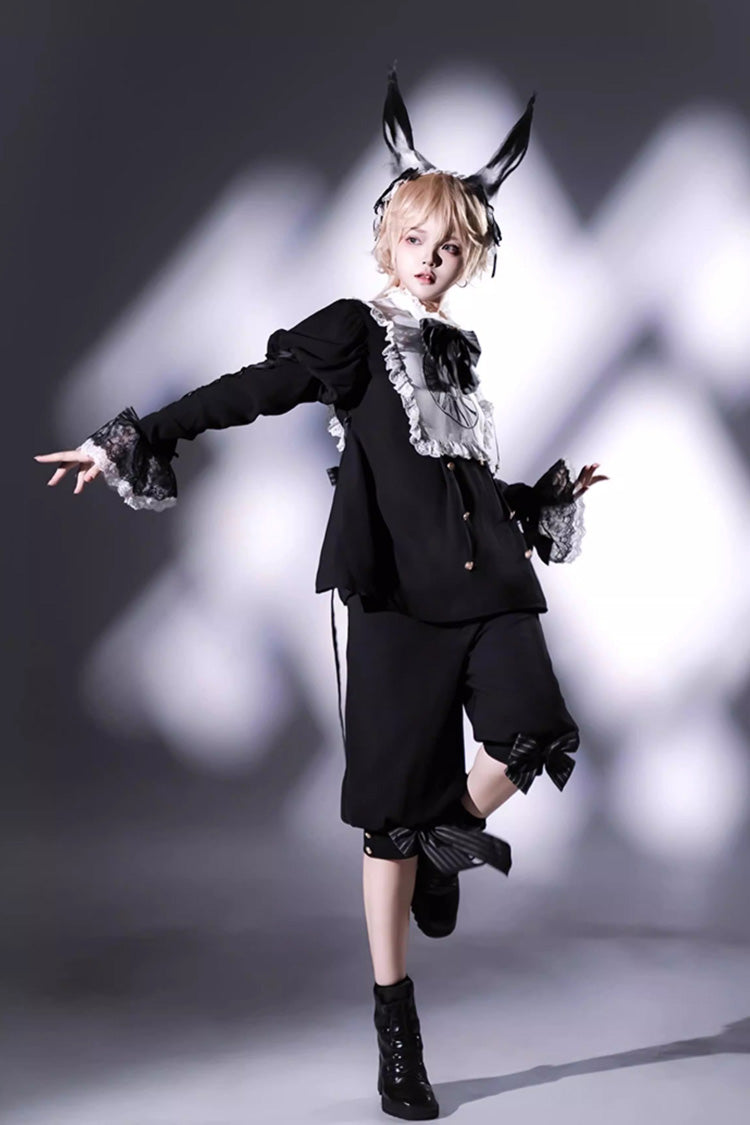 Black/White [Rabbit Hole] Long Sleeves Bow Gothic Prince Ouji Lolita Set - Product - 4