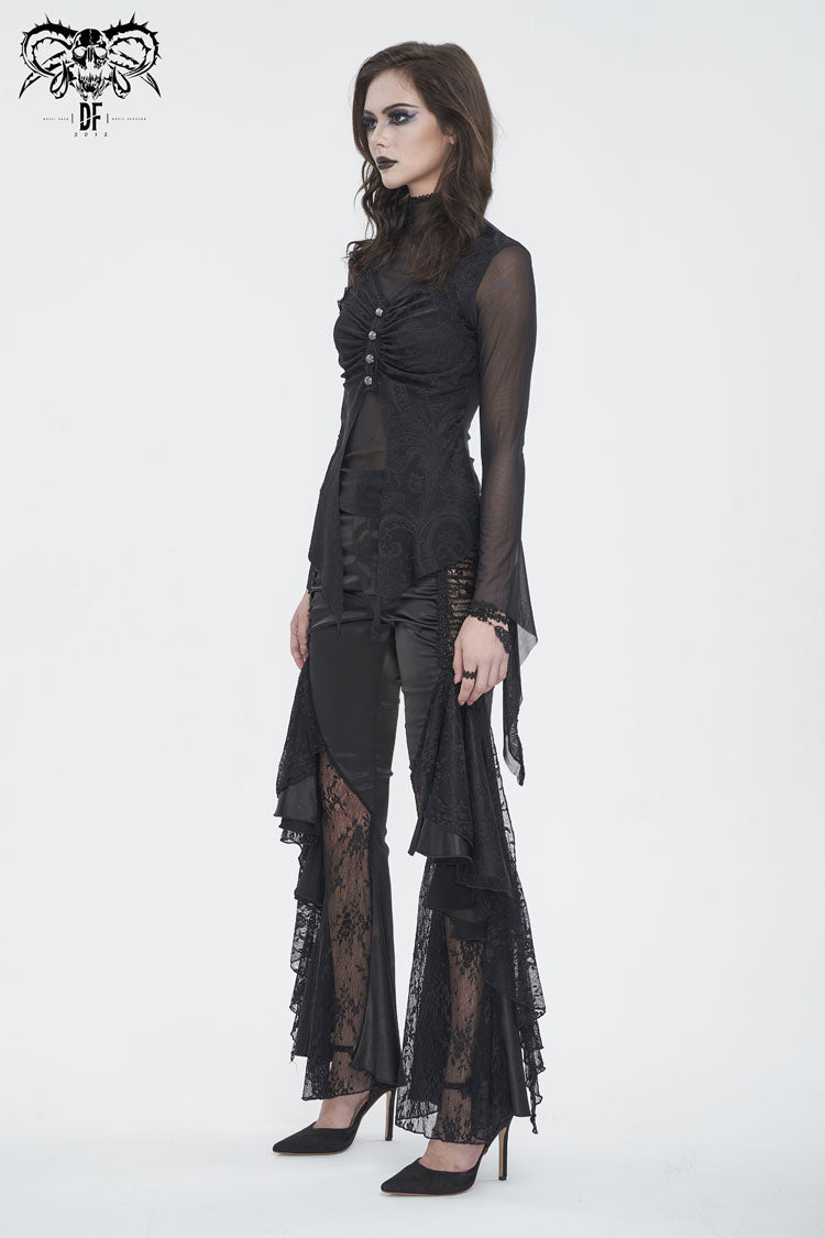 Black Jacquard Mesh Ruffled Long Sleeved Gothic Women's Shirt - Product - 3
