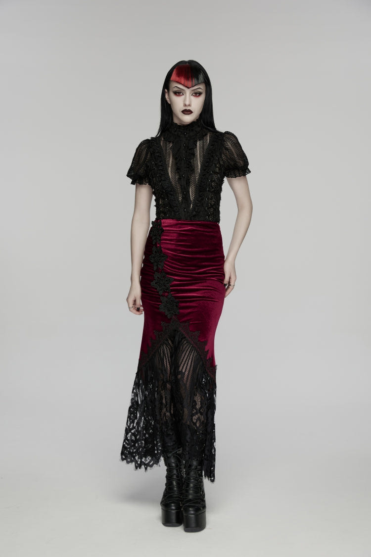 Black/Red Embroidered Lace Slim Women's Gothic Fishtail Velvet Skirt - Black/Red - 1