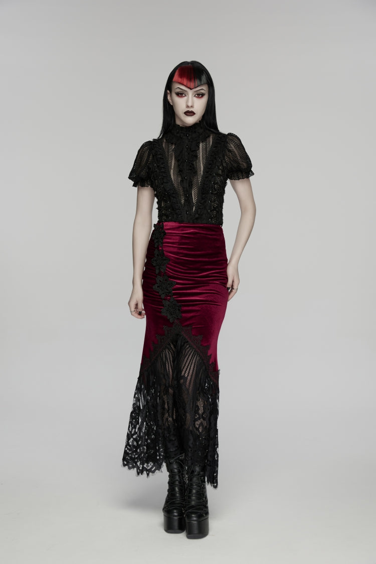 Black/Red Embroidered Lace Slim Women's Gothic Fishtail Velvet Skirt - Black/Red - 1