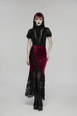 Black/Red Embroidered Lace Slim Women's Gothic Fishtail Velvet Skirt - Black/Red - 1