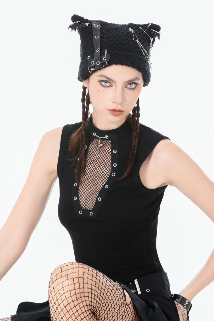 Black Women's Punk Cross Eyelet Cut-Out Coffin Mesh Splice Tank Top - Product - 6