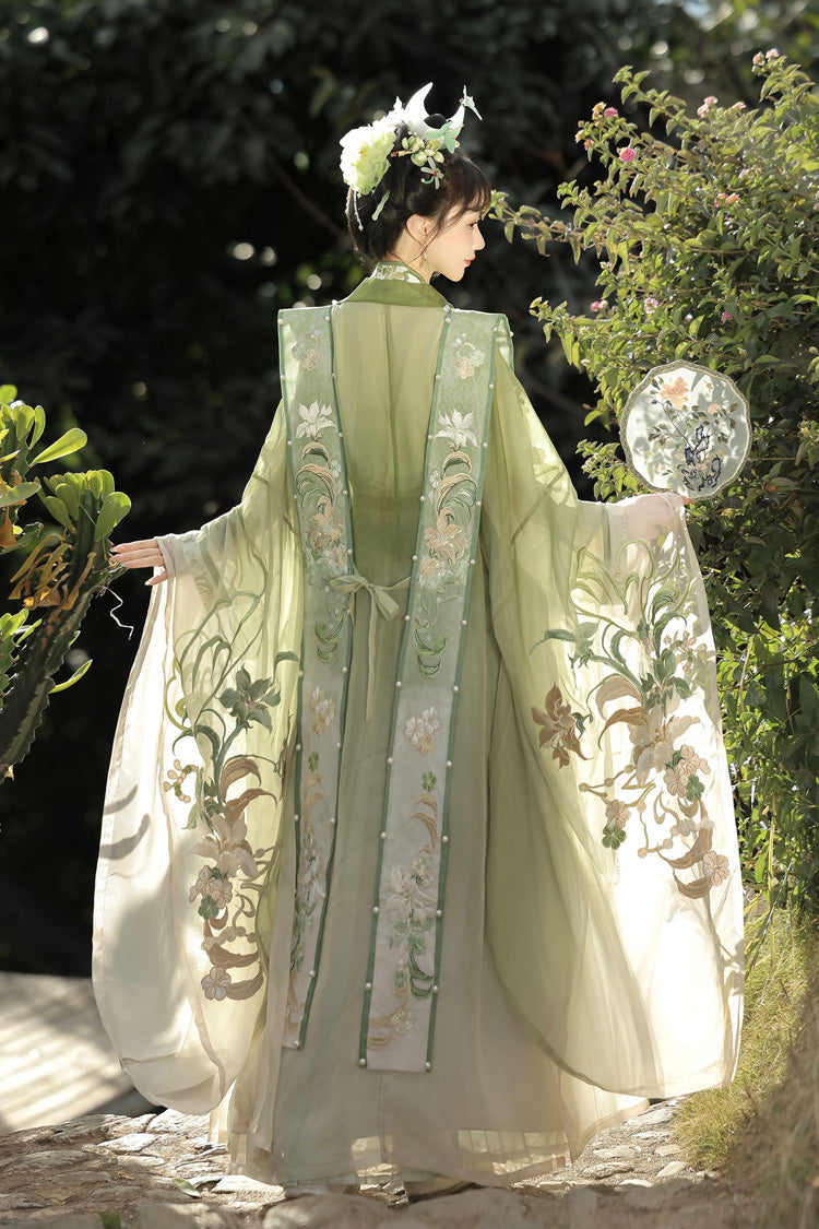 Green [Silent Spring Mountains] Song Dynasty Ruffle Elaborate Embroidery Sweet Chinese Style Hanfu Dress Full Set - Product - 3