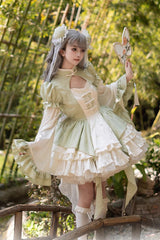 Green Long Trumpet Sleeves Ruffle Bowknot Lace Sweet Chinese Style Lolita Jsk Dress Set - Green - 1