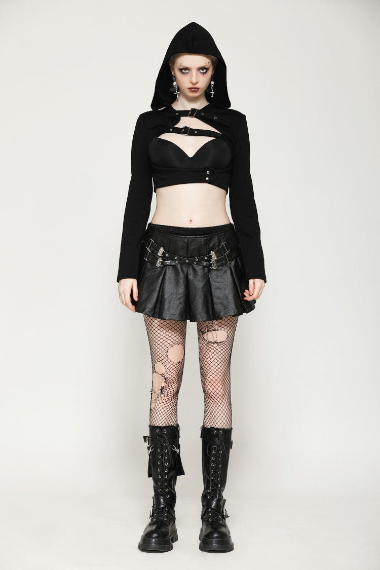ブラックローウエストバックル留めレディースパンクPUレザープリーツミニスカート 商品画像