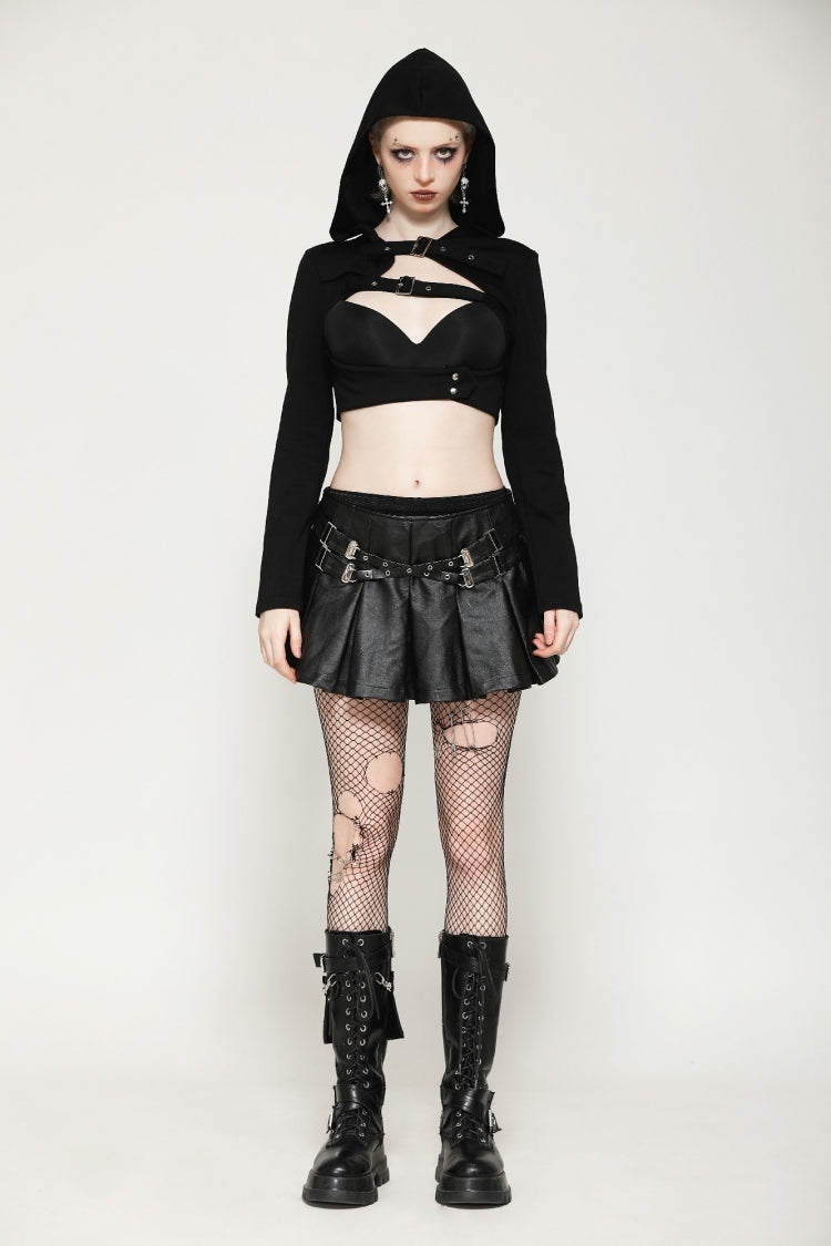 Black Low Waisted Buckle-Up Women's Punk PU Leather Pleated Mini Skirt - Product - 7