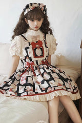 Black [Letter from Showa] Rabbit and letter Print Ruffle Bowknot Sweet Princess Lolita Strap Dress - Product - 5