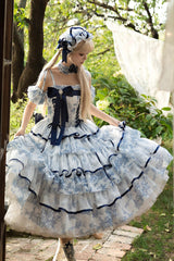 Blue/White Sleeveless Multi-Layered Print Bowknot Fishbone Sweet Classic Chinese Style Lolita Jsk Long Dress - Blue/White - 1