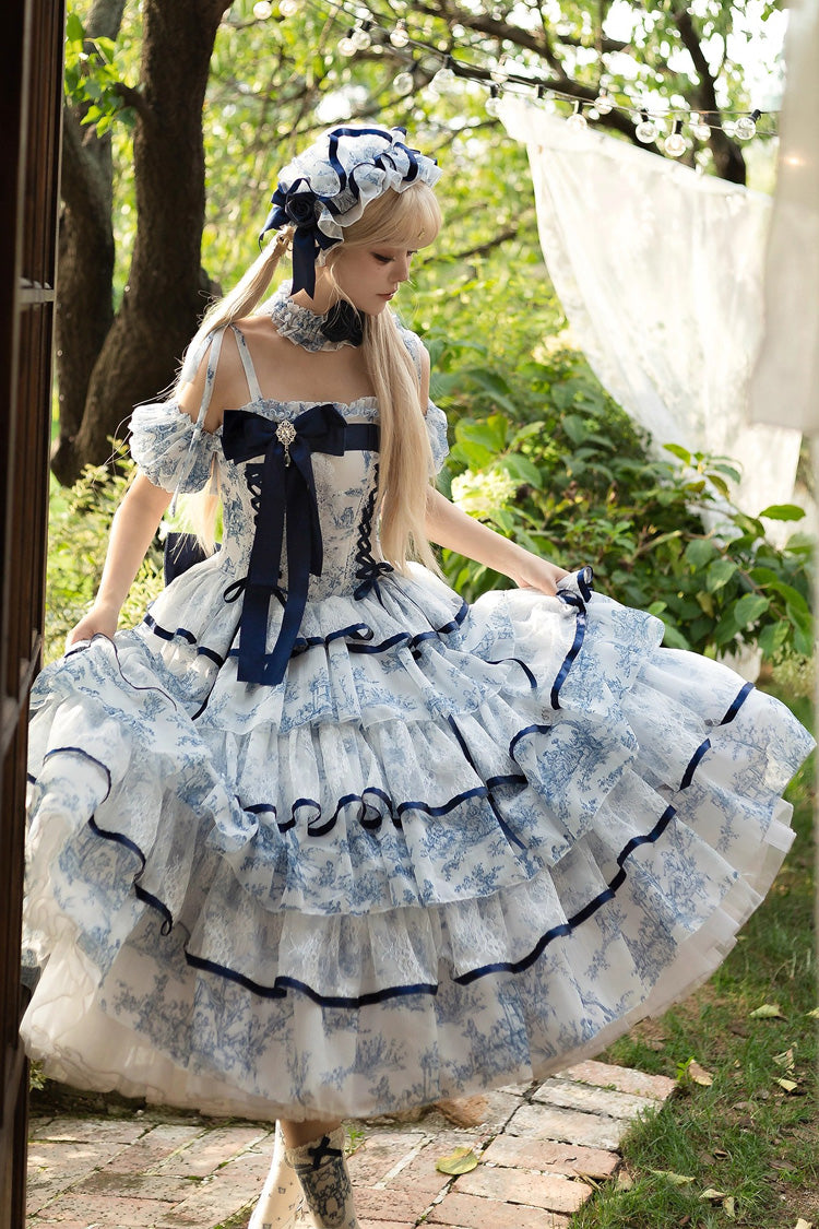 Blue/White Sleeveless Multi-Layered Print Bowknot Fishbone Sweet Classic Chinese Style Lolita Jsk Long Dress - Blue/White - 1